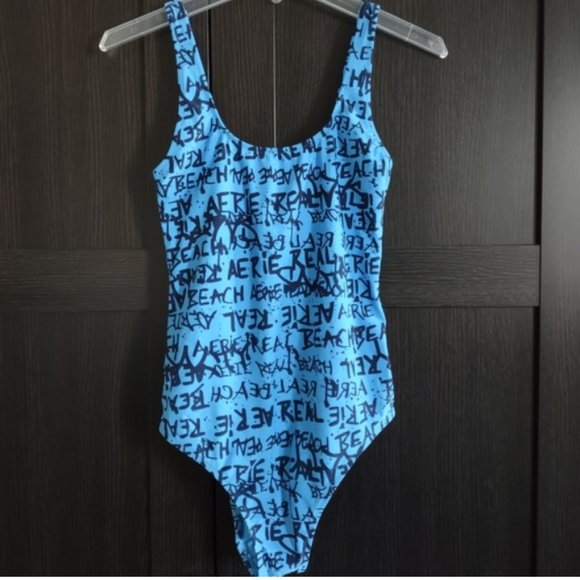 Aerie Real Cheeky One Piece Blue Swim Suit - Picture 2 of 6